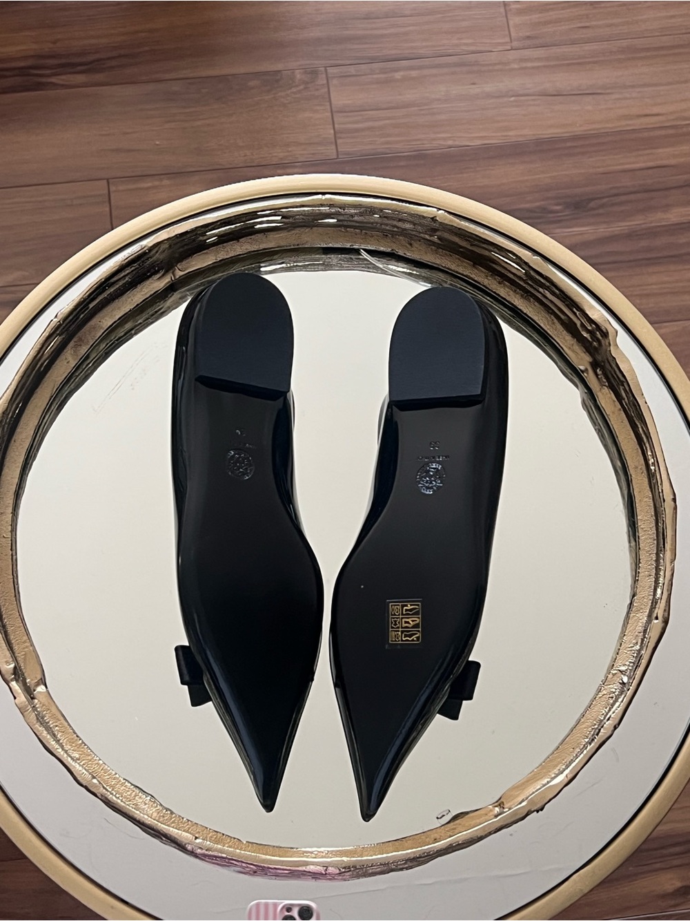 Versace Black Patent Pointed Toe Flats with Gold Medusa Medallion - Picture 4 of 13